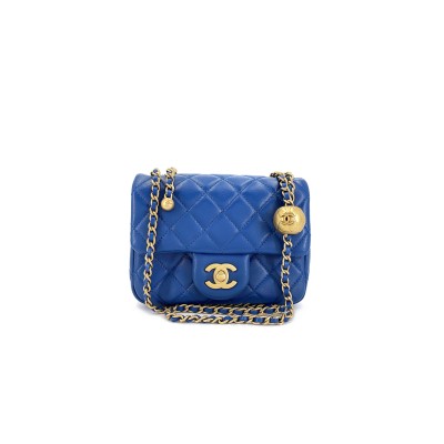 CHANEL BLUE QUILTED LAMBSKIN PEARL CRUSH SQUARE MINI FLAP BAG AGED GOLD HARDWARE AS1786 8326 (18*13*7cm)